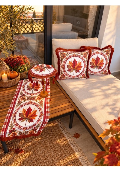Missidea Fall Elegance Yaprak Desenli Dekoratif Masa Üstü Lambası Bali Şemsiyesi Seti Şemsiye + Runner + 2 Li Kırlent Kılıfı Çok Renkli