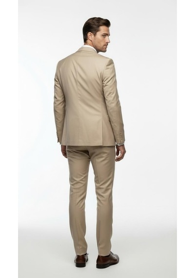 Erkek 3 Parça Slim Fit Takım Elbise Klasik Likralı Kumaş, Tek Düğme, Çift Yırtmaçlı Modern Kesim Ceket Yelek Pantolon Bej