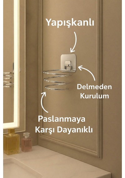 Sas Haus Metal Krom Yapışkanlı Saç Kurutma Makinesi Askısı - Banyo Duvar Düzenleyici Ms-012