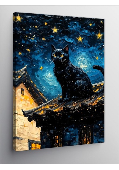 Kanvas Tablo Yağlı Boya Siyah Kedi Ve Yıldızlar 100cmx140cm