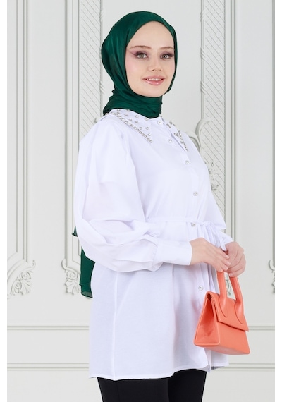 Sevitli Yakası Taş Çakım Tunik-beyaz-3646-beyaz Beyaz