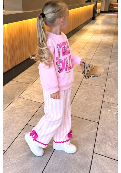 Monila Kız Çocuk Pembe Pizza Yazılı Pamuklu Sweatshirt Ve Pembe Çizgili Kanvas Pantolonlu Alt Üst Takım