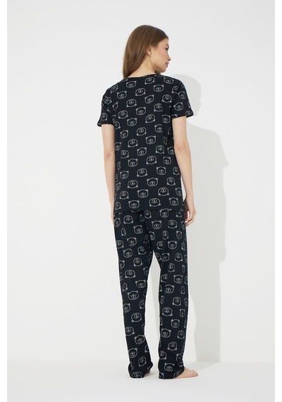 Siyah İnci Siyah Ayıcık Desenli Kısa Kollu Pamuklu Pijama Takımı Siyah A Desen