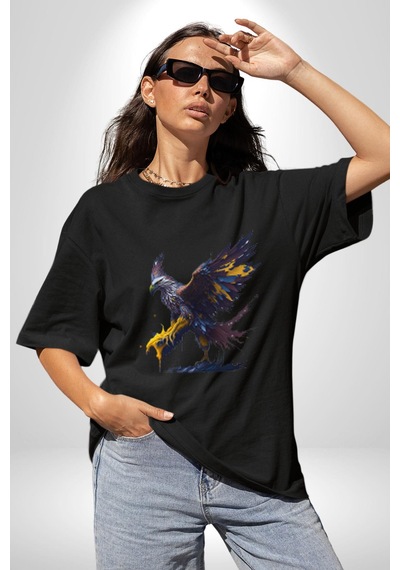 Kara Kartal Sulu Boya Pamuklu Bisiklet Yaka Unisex Oversize Boyfriend Dijital Baskılı Siyah T-shirt Siyah