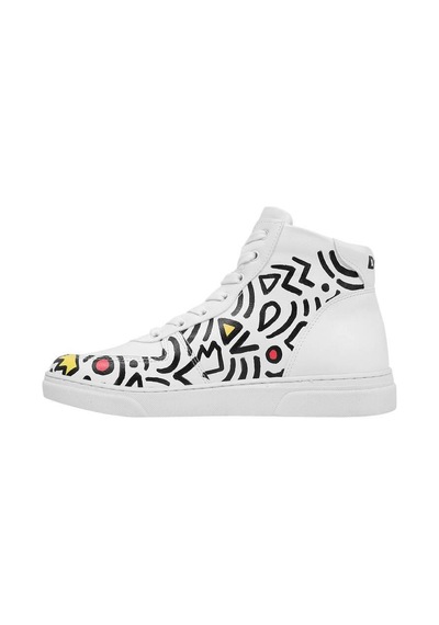 Kadın Vegan Deri Beyaz High Sneakers - Abstract Outline White Tasarım Çok Renkli