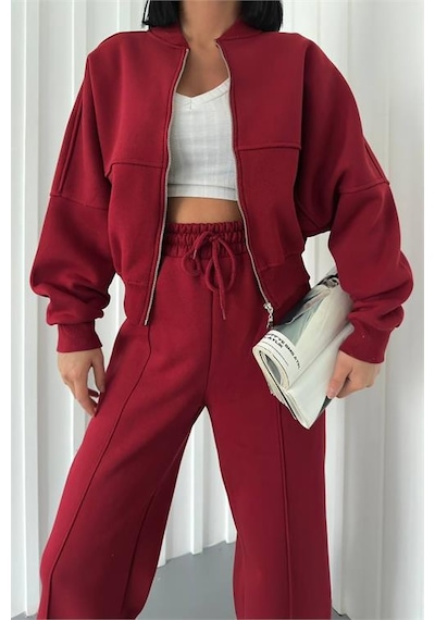 Neşeli Butik Kadın Şardonlu Üç İplik Eşofman Takımı Gts018 - Bordo Bordo