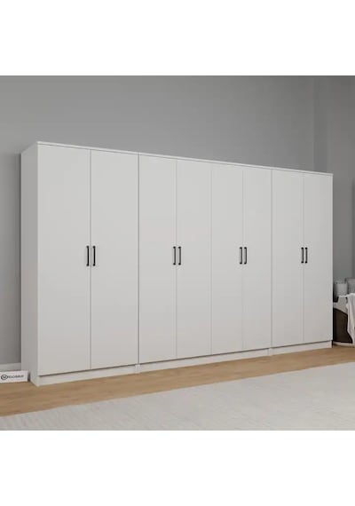Kardelen Serisi 300 Cm Mat Beyaz 8 Kapılı 13 Raflı Elbise Dolabı - Gardırop Seti Beyaz