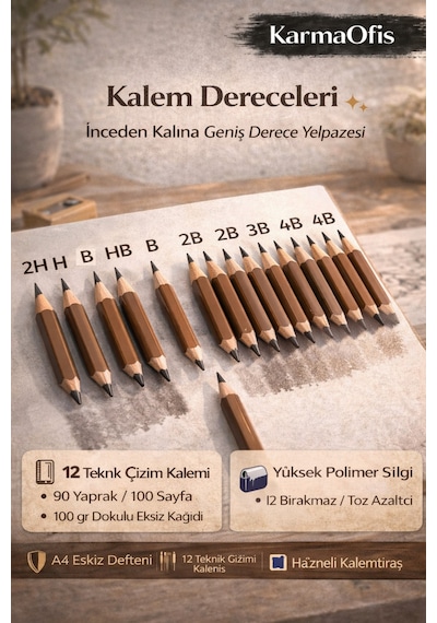 15 Parça Teknik Çizim Seti A4 Eskiz Defteri 12 Çizim Kalemi Silgi Kalemtıraş Set