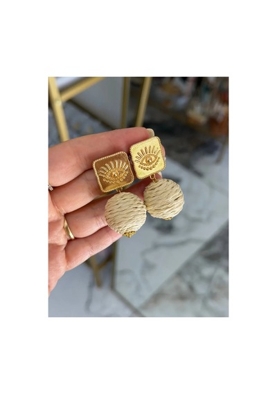 Gold Ve Göz Detaylı Krem Hasır Küpe