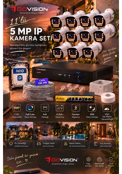 Go Vision 11'li Güvenlik Ip Kamera Seti - 5mp Dış Mekan Kamera, 3.6mm Lens, H.265, Poe, Warm Led Gece Görüşlü
