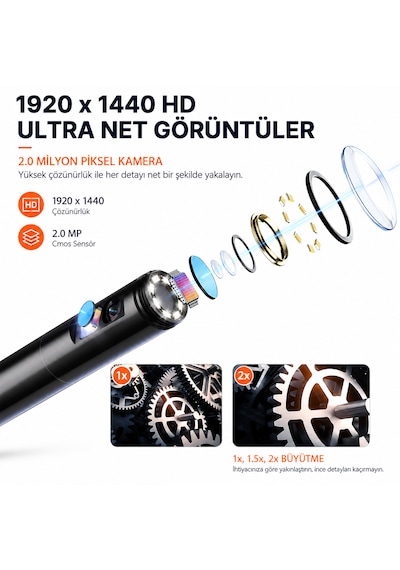 Ultratekno Ult105s 5m 10m Çift Kameralı 1440p Endoskop Yılan Kamera Ip68 8mm Sert Kablo İos Android