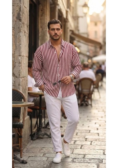 Valensdesign Erkek Dikey Çizgili Yarım Oversize Gömlek Bord
