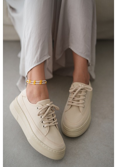 Peinta Yüksek Tabanlı Bağcıklı Kadın Sneaker- Bej