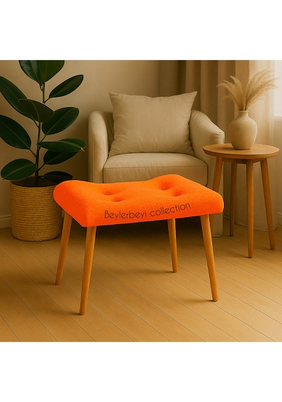Makyaj Masası Pufu, Neon Turuncu Peluş Kumaş, Ayak Uzatmalık Puf, Dekoratif Puf Turuncu