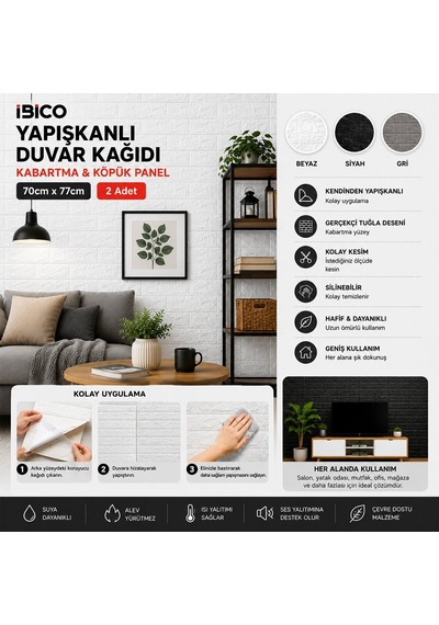 İbico İ13-084 Yapışkanlı Duvar Kağıt 70x77cm 2 Adet Beyaz Siyah Kabartma Köpük Panel Tuğla Desen Gri - 60'li Paket