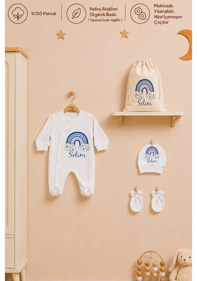 Pia Baby İsme Özel Erkek Bebek Tulum %100 Pamuk Organik Baskılı İsimli Bebek Tulumu Ham Bez Kıyafet Kesesi Bebek Hediye Seti 1101tk0x Krem