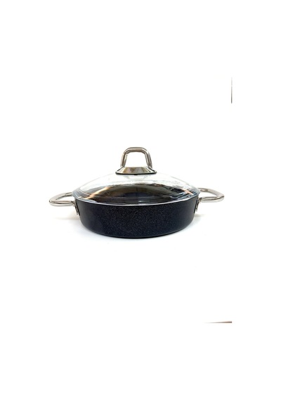 Çelik Kulplu Titanyum Granit Basık Karnıyarık Pilav Tenceresi 24 Cm Siyah
