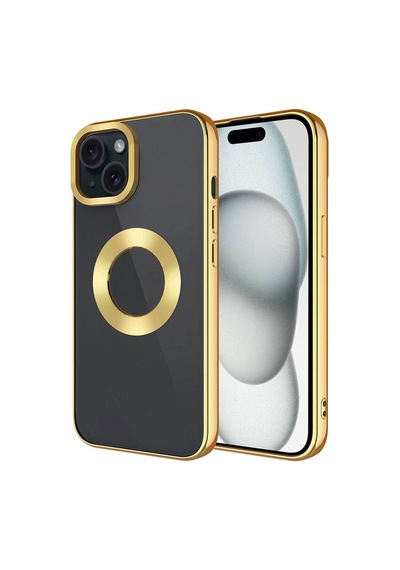 Apple Uyumlu iPhone 15 Plus Tek Kamera Çerçeveli Logo Gösteren Tchs Omega Kılıf-gold Gold