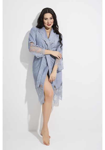 Dantelli Kısa Şalyaka Bukle Bambu Cotton Bayan Bornoz Gri