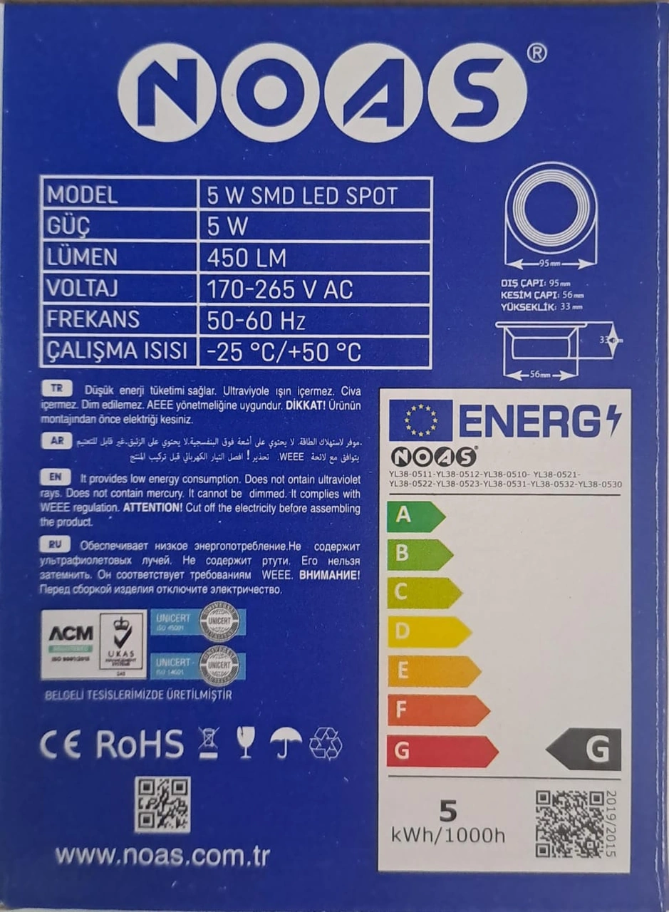 Noas 5 Watt Smd Led Spot Krom Çizgi Siyah Kasa Beyaz Işık 450lm 6500k