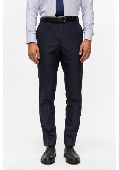 Süvari Lacivert Slim Çizgili Kruvaze Yaka 6 Drop Takım Elbise-38746 Lacivert