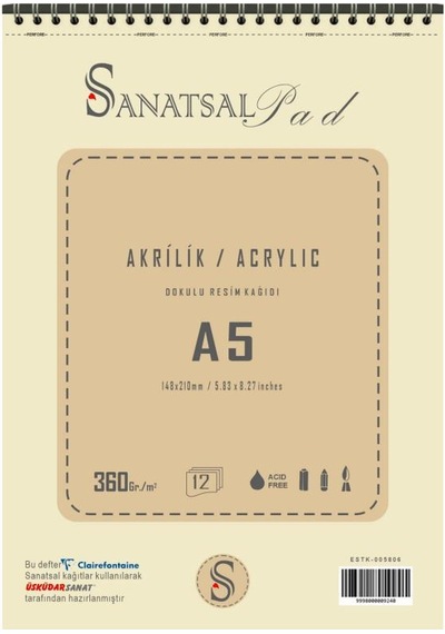 Sanatsal Pad Akrilik Boya Defteri A5 360gr 12 Yaprak Spiralli