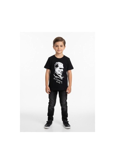 Zekids Çocuk Atatürk Baskılı Yarım Kollu T-shirt-17205 Siyah