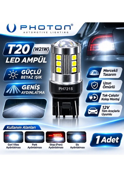 Photon T20 W21w Mercekli Led Ampul Güçlü Beyaz Işık Park Geri Vites Aydınlatma 1 Adet