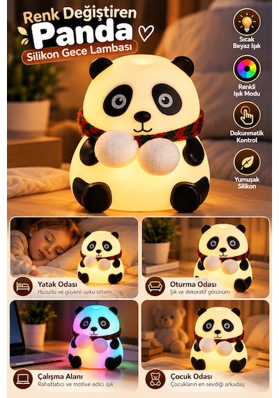 Yatak - 840 - Odası Çocuk Odası İçin Renk Değiştiren Panda Silikon - Concepta - Gece Lambası Renkli Işık