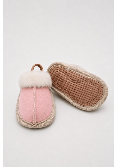 Pufien Bebek Sandalet, Yumuşak Tabanlı, Tüylü Bebek Terlik, Kışlık Bebek Ayakkabısı, Süet 3 - 9 Ay - Pembe