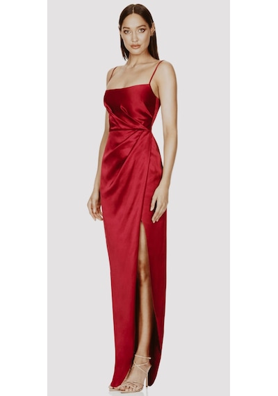 Hanife Glam Couture Hanife Glam Askılı Straplez Asetat Saten Abiye Elbise Kırmızı