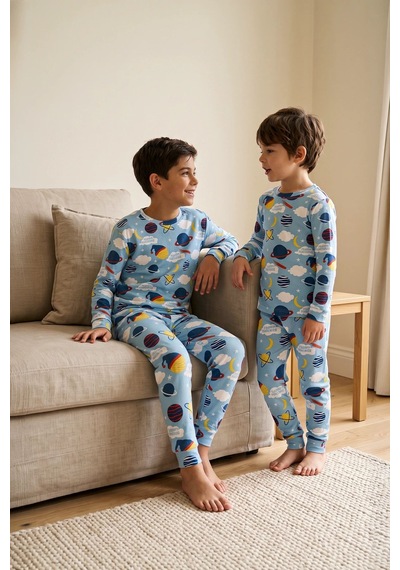 Zuzunga Kısa Kollu Planet Pattern Erkek Çocuk Pijama Takımı Mavi