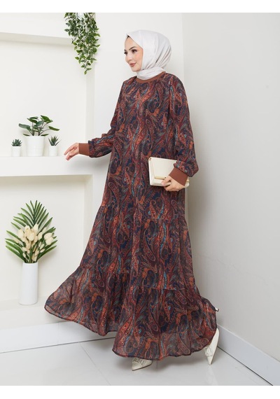 Hb Harma Time Butik Kadın Astarlı Kahverengi Şifon Şal Desen Elbise