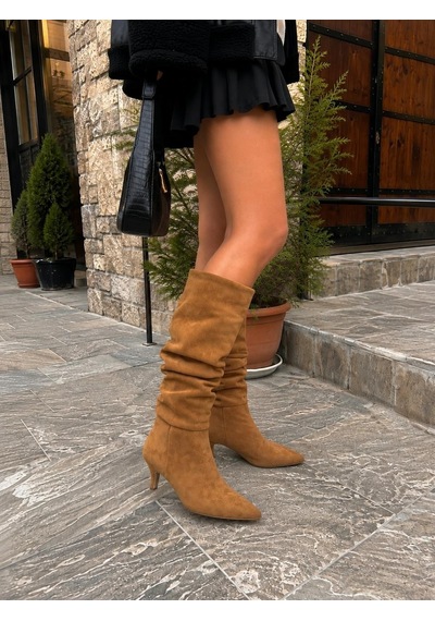 Asmi Shoes Kadın Tima Taba 6 Cm Topuklu Körüklü Sivri Burun Çivi Topuk Çizme