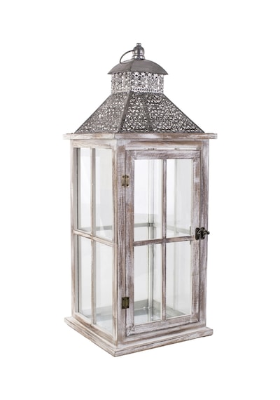 İşlemeli Metal Çatılı İthal Eskitme Ahşap Mumluk Fener 67cm Beyaz