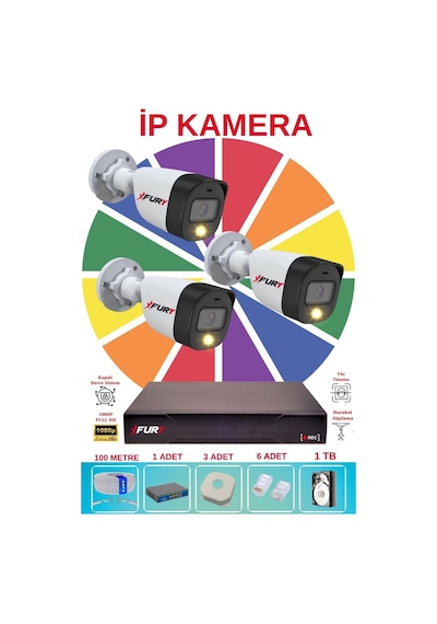 Fury 3 Lü Ip Güvenlik Kamera Seti Sesli 4mp Gece Renkli Su Geçirmez 5515s 1tb