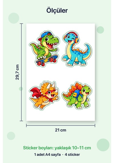 Dinozorlar İş Başında 4 Adet Büyük Dinozor Sticker Çıkartma A4 Defter Etiketi Çok Renkli
