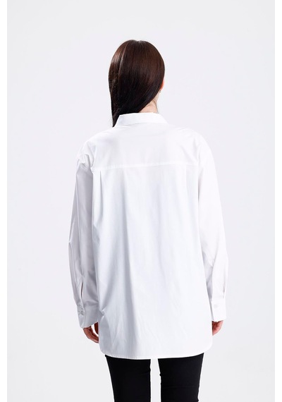 Sweetness Kadın Beyaz Oversize Likralı Pamuklu Cepli Uzun Kol Gömlek Beyaz