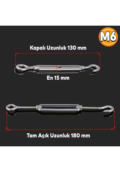 Çelik Kanca M6 Yük Halat Gerdirme Galvenizli Paslanmaz 5 Adet Çok Renkli