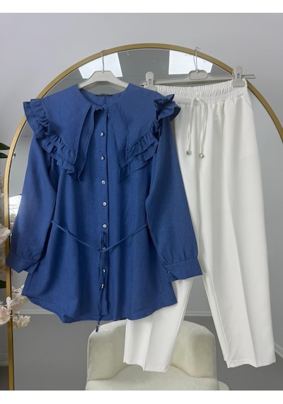 Lovie Moda Fırfır Yaka Bağcıklı Tunik Pantolonlu Takım Mavi