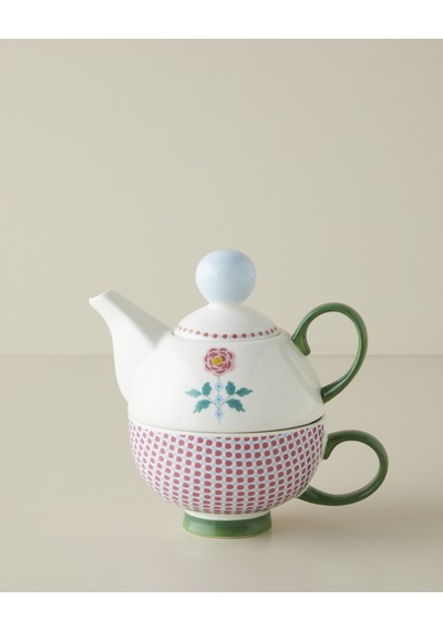 Rustic Florals New Bone China Demlik Seti 380 260 Ml Mavi - Pembe