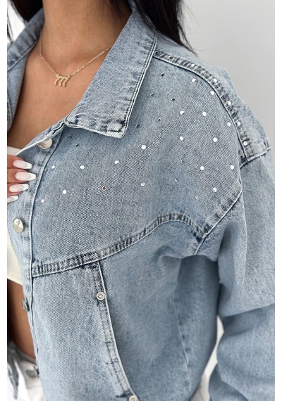 Kadın Taş Detaylı Denim Ceket Astarsız & Cool Model Mavi