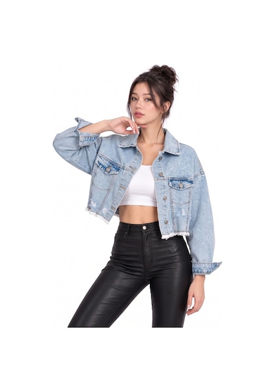 Saade Mavi Sırt Yırtık Detaylı Püsküllü Crop Denim Ceket