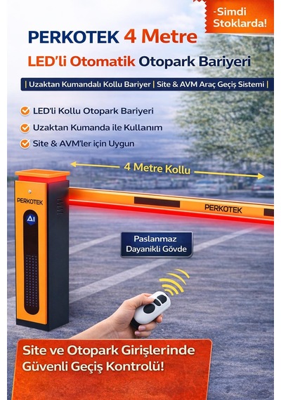 Perkotek 4 Metre Led Li Otomatik Otopark Bariyeri Uzaktan Kumandalı Kollu Bariyer Site & Avm Araç Giriş Sistemi