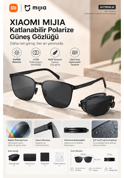 Mijia Katlanabilir Polarize Güneş Gözlüğü Uv400 8 Katmanlı Oar Kaplama Tac Lens Tr90 Amber Kahverengi Unisex Mjta01lm Siyah