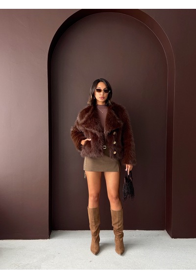 Verymoda Tavşan Tüyü Dügmeli Kaban F1970 Koyu Kahve