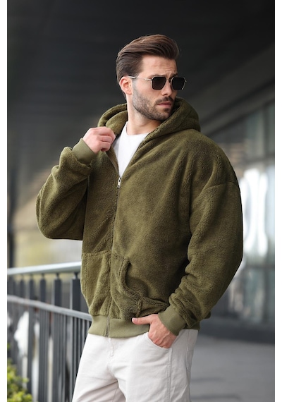 Madmext Haki Peluş Over Fit Kapüşonlu Fermuarlı Erkek Sweatshirt 6049 Haki