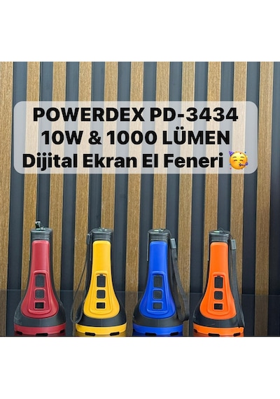 Powerdex Pd-3434 Şarjlı El Feneri 10w Led, 1000 Lümen, Dijital Ekran Type-c Şarjlı Çoklu Renk