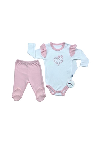 Mebs Clothing Pembe Body Takımı, Kalp Nakışlı, Çıtçıtlı, Uzun Kollu Body Takımı Çok Renkli