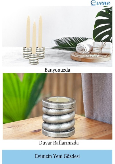 Eskitme Mumluk Şamdan 3 Adet Tealight Ve İnce Mum Uyumlu Spiral Model - Gümüş Eskitme